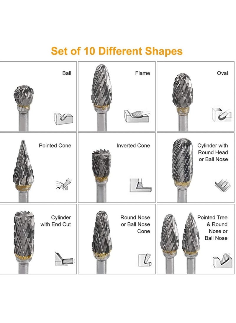 Double Cut Tungsten Carbide Rotary Burr Set 10pcs 1 8 Shank 1 4 Head Length Tungsten Steel for Wood and Stone Carving Steel Metal Working - Image 2