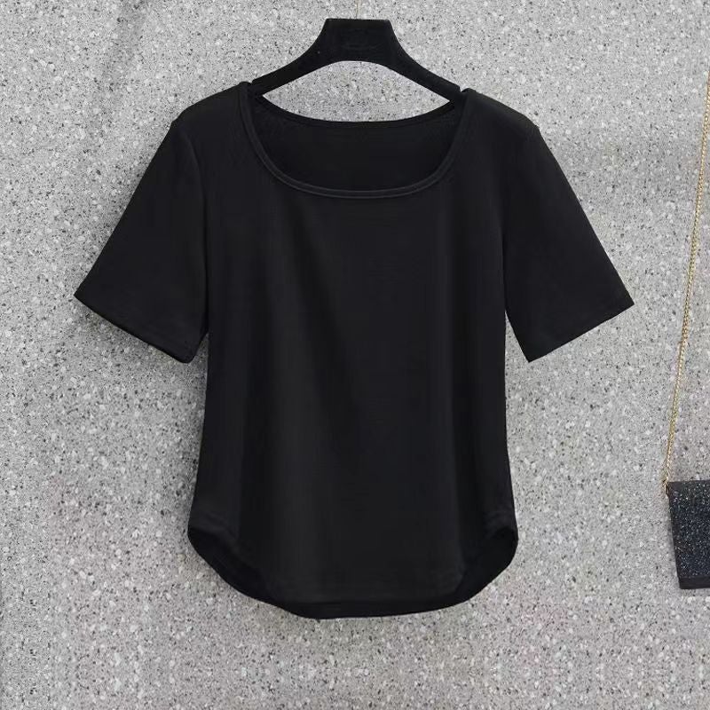 Large Size Short-sleeved T-shirt Women's Summer 2023 New Style Chubby Girl Pure Square Collar Slim-fit Irregular Short Base Top - Image 5