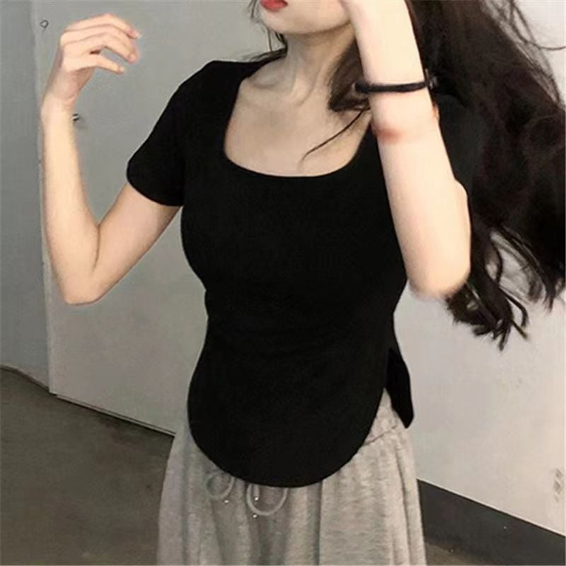 Large Size Short-sleeved T-shirt Women's Summer 2023 New Style Chubby Girl Pure Square Collar Slim-fit Irregular Short Base Top - Image 4