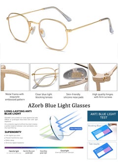 AZorb Metal Blue Light Glasses for men women Square Clear Lens eyeglasses Anti blue light blocking eye glasses for Reading Gaming Computer Phone Gold  - Image 2