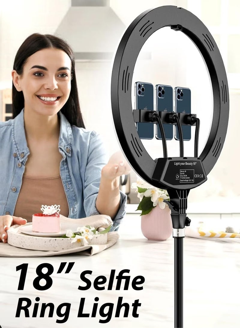 18-inch Dimmable LED Ring Light with 2.1m Tripod Stand, Remote Control & 3 Phone Holders – Adjustable Brightness for Makeup, Photography, YouTube, TikTok, Vlogging, Live Streaming, Video Recording – Perfect for Camera, Smartphone, Professional Studio Lighting - Image 1