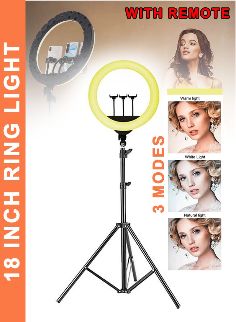 18-inch Dimmable LED Ring Light with 2.1m Tripod Stand, Remote Control & 3 Phone Holders – Adjustable Brightness for Makeup, Photography, YouTube, TikTok, Vlogging, Live Streaming, Video Recording – Perfect for Camera, Smartphone, Professional Studio Lighting - Image 1