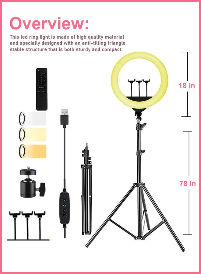 18-inch Dimmable LED Ring Light with 2.1m Tripod Stand, Remote Control & 3 Phone Holders – Adjustable Brightness for Makeup, Photography, YouTube, TikTok, Vlogging, Live Streaming, Video Recording – Perfect for Camera, Smartphone, Professional Studio Lighting - Image 3