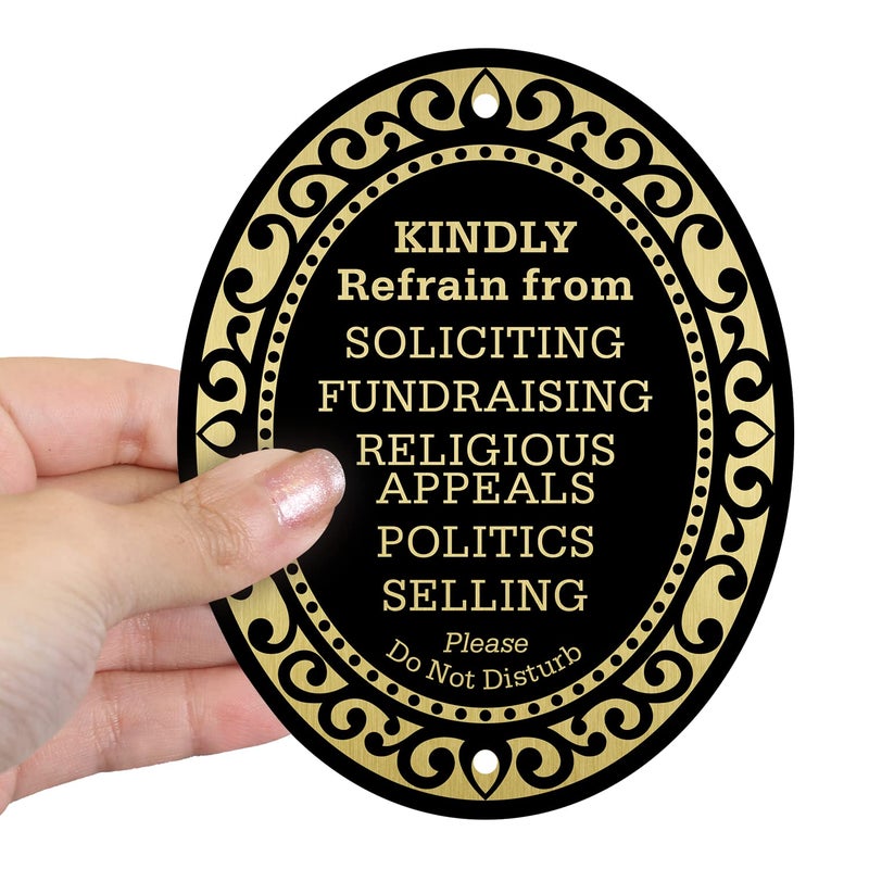 SmartSign Premium No Soliciting Sign, Kindly Refrain from Soliciting Fundraising Religious Appeals Politics Selling Please Do Not Disturb Door Sign | 4" x 5" Aluminum, Self Adhesive, Made in USA - Image 3