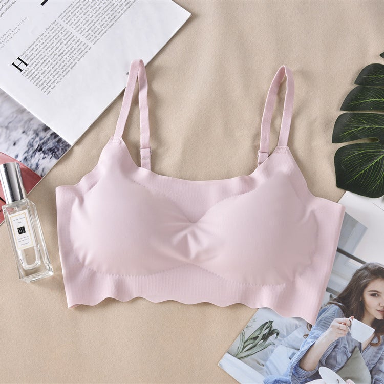 Peace of Mind Second Generation Traceless Underwear Beautiful Back Sling Wrapping Chest Womens Strapless Push-up Bra Students Senior high school Girls Small Vest Pink
