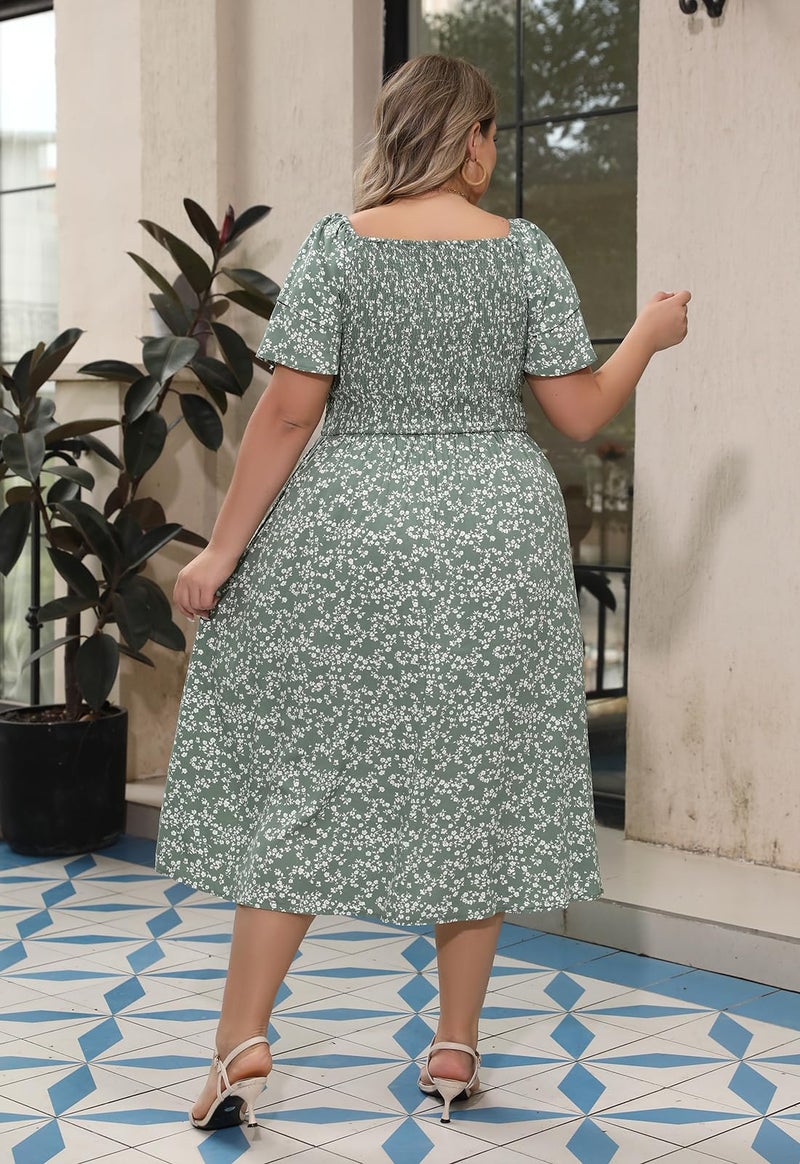 Nemidor Plus Size Summer Print Midi Boho Dress for Curvy Women Casual Smocked Floral Long Beach Dresses with Pocket 16-26(594,22,GreenPrint) - Image 2