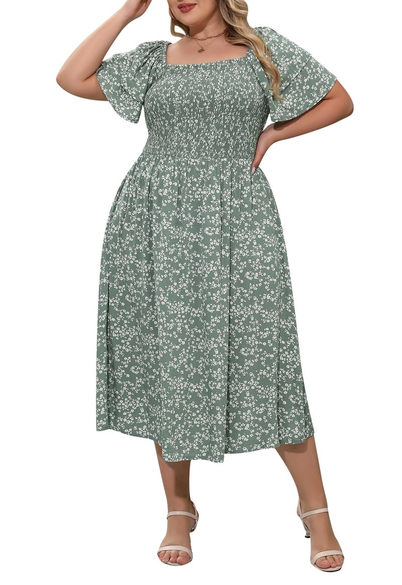 Nemidor Plus Size Summer Print Midi Boho Dress for Curvy Women Casual Smocked Floral Long Beach Dresses with Pocket 16-26(594,22,GreenPrint) - Image 1