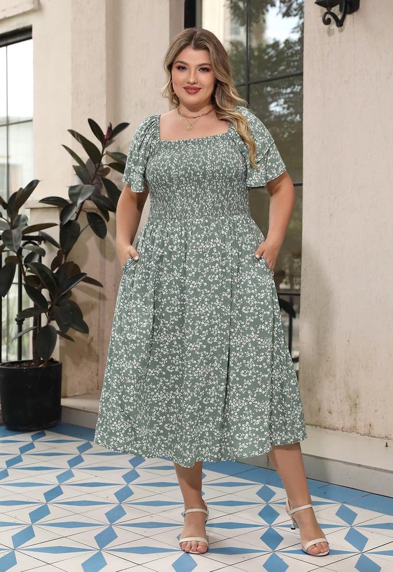 Nemidor Plus Size Summer Print Midi Boho Dress for Curvy Women Casual Smocked Floral Long Beach Dresses with Pocket 16-26(594,22,GreenPrint) - Image 3
