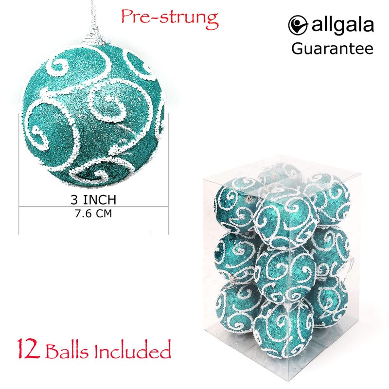 allgala allgala 12 Pack 3 Inch Christmas Tree Ornament Balls-Glitter Decorated Foam Large Xmas Ball-Turquoise  - Image 2