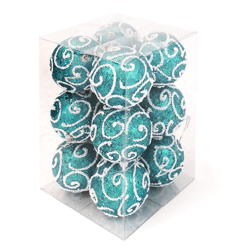 allgala allgala 12 Pack 3 Inch Christmas Tree Ornament Balls-Glitter Decorated Foam Large Xmas Ball-Turquoise  - Image 1