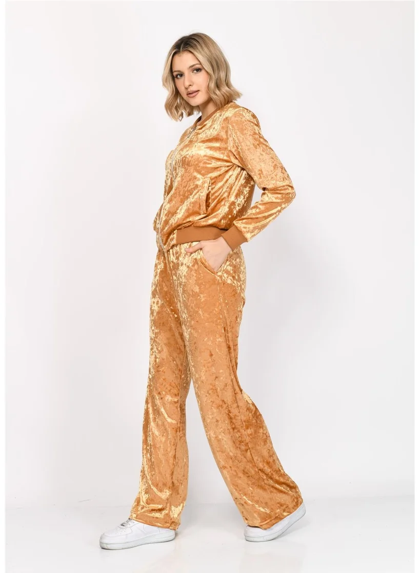 Nuseel Women's Velvet Bottom Top Tracksuit Set Mustard