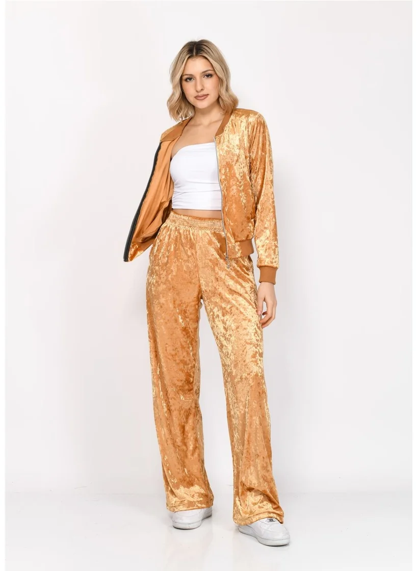 Nuseel Women's Velvet Bottom Top Tracksuit Set Mustard