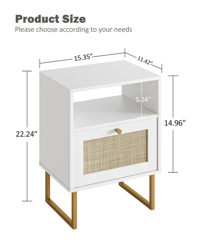 Apetaccat Rattan Nightstand, Boho Night Stand Farmhouse Wood Bedside Table with Storage and Open Shelf, End Side Accent Table for Bedroom,Living Room,White - Image 2