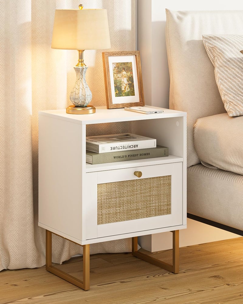 Apetaccat Rattan Nightstand, Boho Night Stand Farmhouse Wood Bedside Table with Storage and Open Shelf, End Side Accent Table for Bedroom,Living Room,White - Image 1