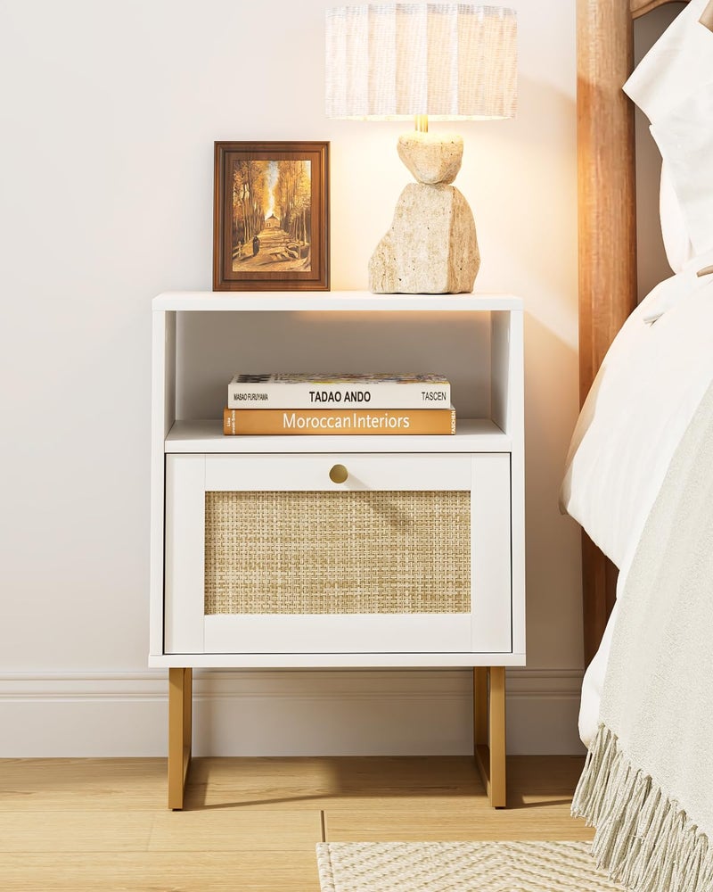 Apetaccat Rattan Nightstand, Boho Night Stand Farmhouse Wood Bedside Table with Storage and Open Shelf, End Side Accent Table for Bedroom,Living Room,White - Image 5