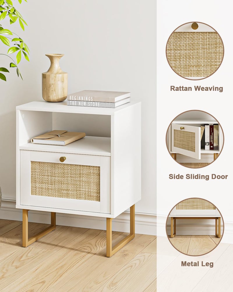 Apetaccat Rattan Nightstand, Boho Night Stand Farmhouse Wood Bedside Table with Storage and Open Shelf, End Side Accent Table for Bedroom,Living Room,White - Image 4