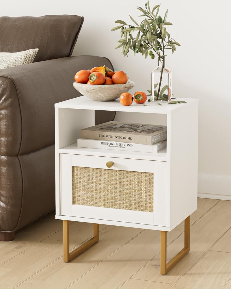 Apetaccat Rattan Nightstand, Boho Night Stand Farmhouse Wood Bedside Table with Storage and Open Shelf, End Side Accent Table for Bedroom,Living Room,White - Image 3