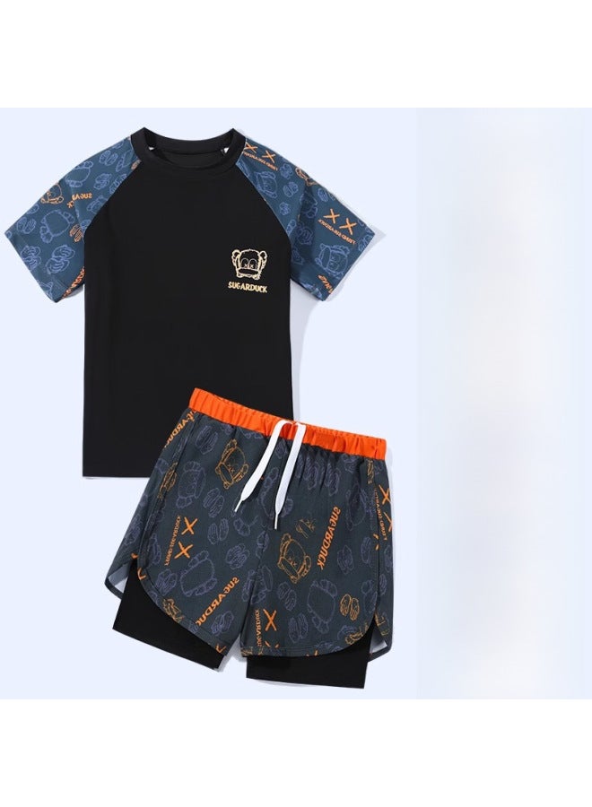 Children's Swimsuit Boys' Two-piece Boys' Swimsuit Middle And Large Teenagers Summer 2023 Double-layer Swimming Trunks Suit-Color:Orange Bear Swimming Cap Goggles- - Image 1