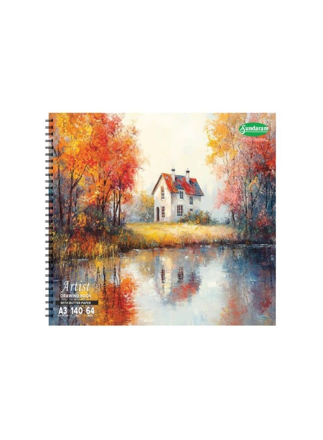 Sundaram دفتر رسم سوندارام A3 بورق زبدة | غلاف حلزوني | 64 صفحة (32 ورقة) | 42 × 29.5 سم | عادي | عبوة من 1 (قد يختلف تصميم صفحة الغلاف) - Image 1