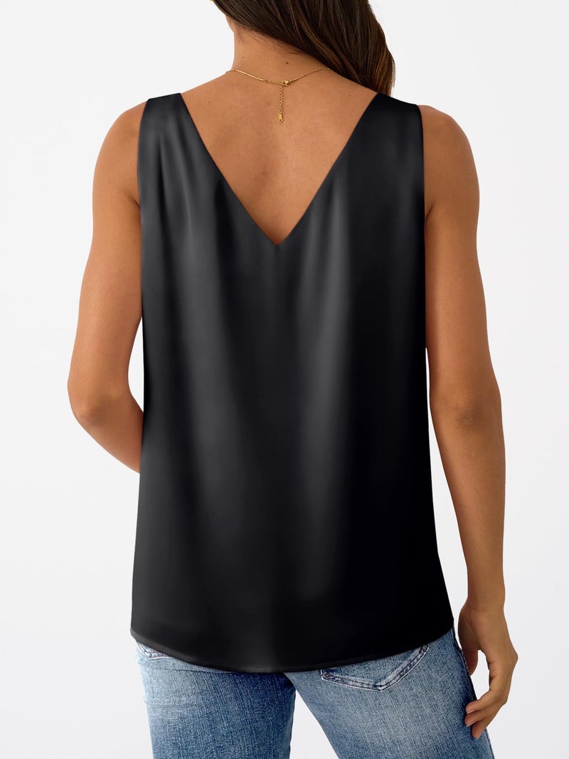 LILLUSORY Women Silk Satin Tank Top V Neck Summer Blouse Sleeveless Shirt Business Casual Dressy Outfit Vacation Clothes 2026 Black M - Image 4