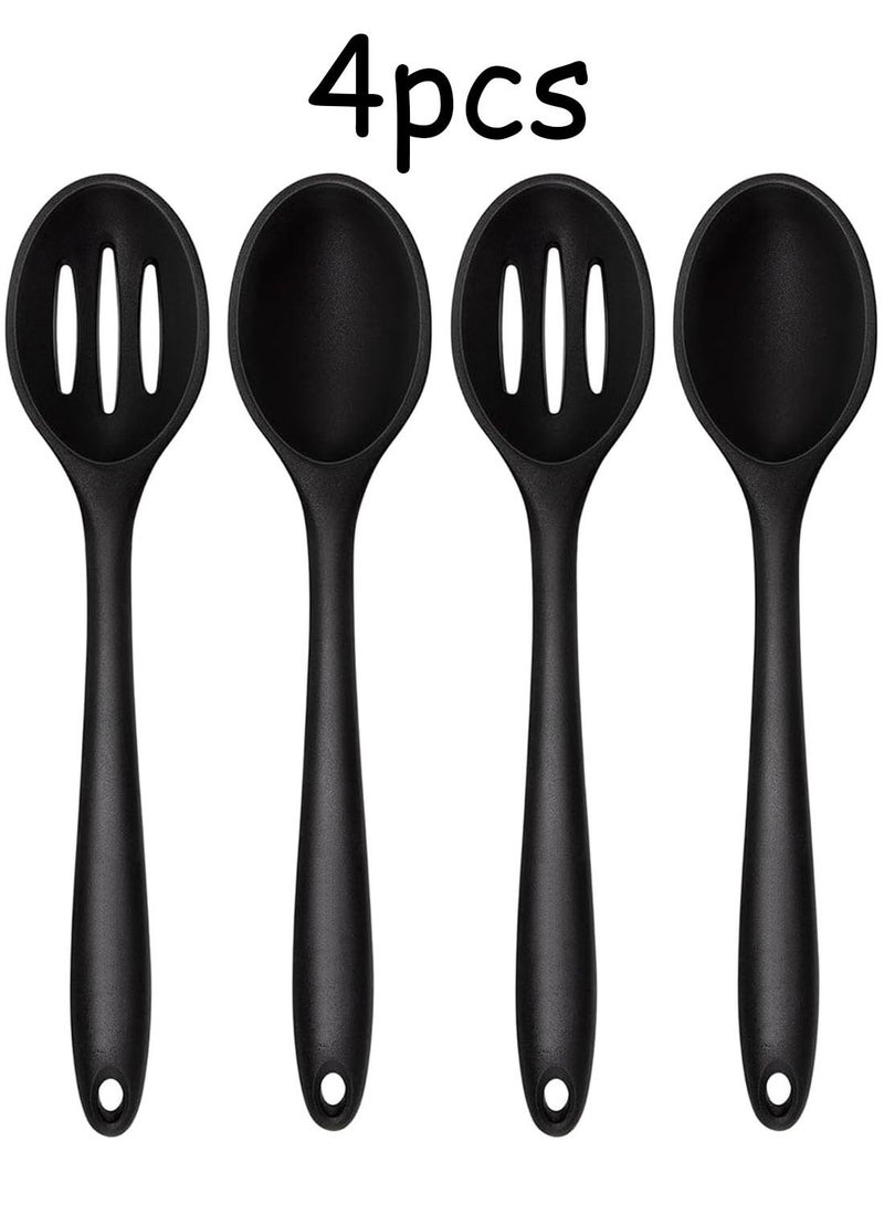 4 Pcs Silicone Spoons for Cooking 10.6 Inch Large Nonstick Serving Spoons Heat Resistant Slotted Spoon for Mixing & Stirring Kitchen Cooking Utensils, Dishwasher Safe(Black) - Image 1