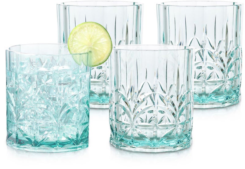 BELLAFORTE Shatterproof Tritan Plastic Short Tumbler Set of 4 13oz  Myrtle Beach Unbreakable Crystal Cut Old Fashioned Drinking Glasses for Whiskey  BPA Free  Dishwasher Safe  Teal