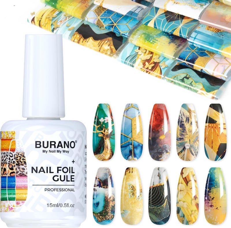 BURANO Nail Art Nail Foil Glue Gel, 15 ML 1 Bottle Foil Transfer Gel with 10PCS Stickers, UV LED Lamp Required Nail Design Foils Glue for Nails 30 - Image 1