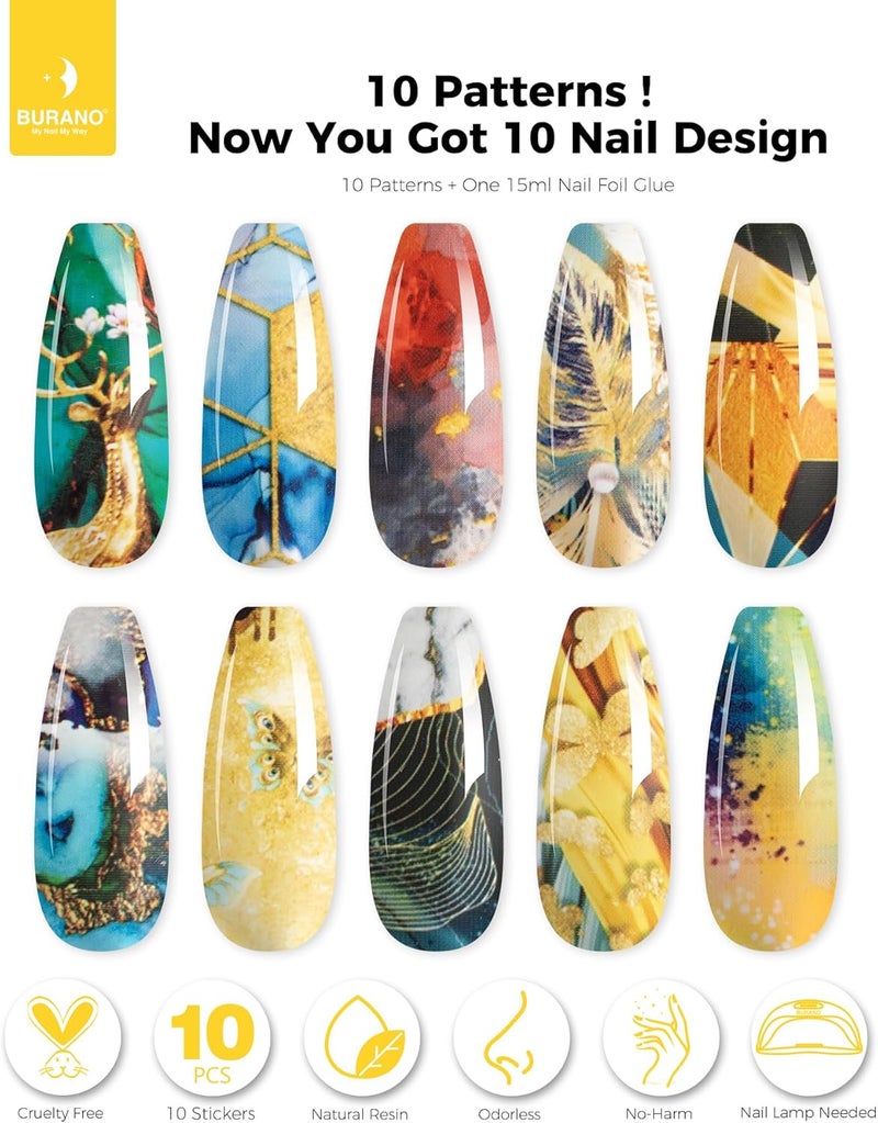 BURANO Nail Art Nail Foil Glue Gel, 15 ML 1 Bottle Foil Transfer Gel with 10PCS Stickers, UV LED Lamp Required Nail Design Foils Glue for Nails 30 - Image 2