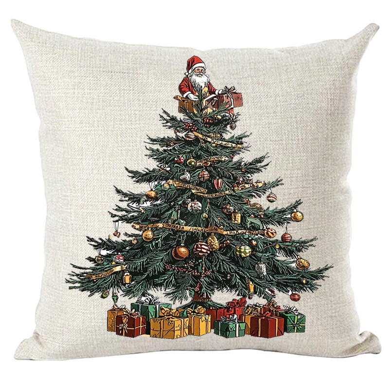 Ramirar Merry Christmas Happy New Year Retro Green Pine Tree Balloons Birds Dolls Gifts Decorative Throw Pillow Cover Case Home Living Room Bed Sofa Car Cotton Linen Square 18 x 18 Inches