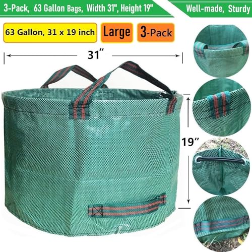 Tespher Professional 3-Pack 63 Gallons Lawn Garden Bags (D31, H19 inches) Yard Waste Bag with Gardening Gloves,Patio Standable Bag,Reusable Leaf Bag,Trash Containers,Garden Plant Trimmings Bag with 4 Handles - Image 4