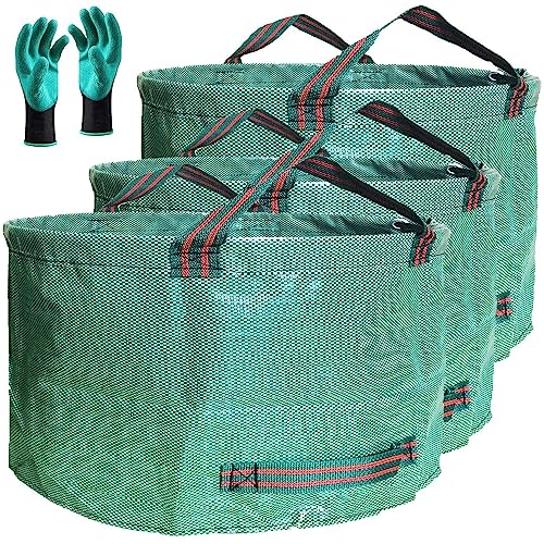 Tespher Professional 3-Pack 63 Gallons Lawn Garden Bags (D31, H19 inches) Yard Waste Bag with Gardening Gloves,Patio Standable Bag,Reusable Leaf Bag,Trash Containers,Garden Plant Trimmings Bag with 4 Handles - Image 1