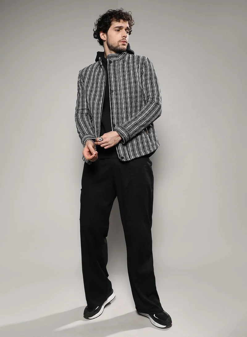 Campus Sutra Men's Carbon Black & Chalk White Multitrack Striped Quilted Jacket
