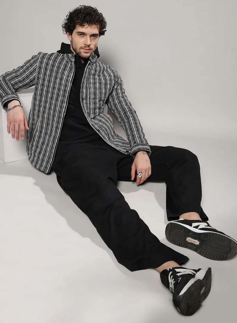 Campus Sutra Men's Carbon Black & Chalk White Multitrack Striped Quilted Jacket
