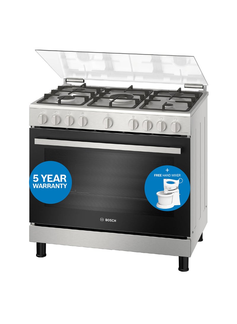 BOSCH Freestanding Gas Range Cooker, HGV1ISW50M, 5 Burners, 125L Oven, Rotisserie, Stainless Steel, 5 Year Manufacturer Warranty, German Engineering + Free Hand Mixer 5 HGV1ISW50M Stainless Steel - Image 1