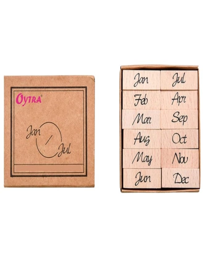Oytra Stamp Set Month Jan Dec Mini Wooden Rubber Base for Journaling Journals Hobby Art Craft Designs - Image 1