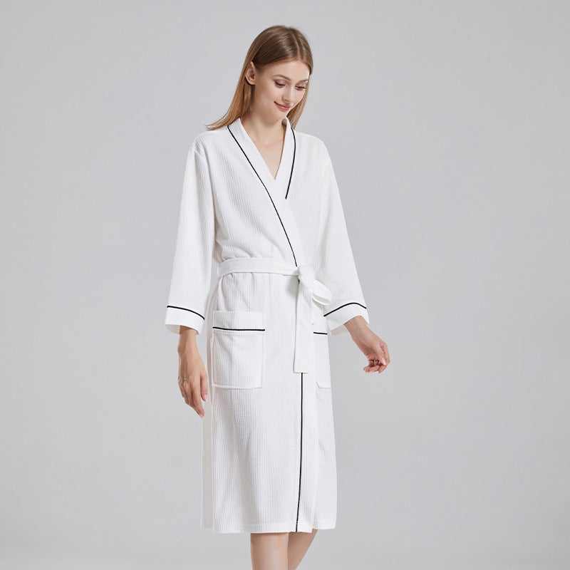 Cross-border waffle thin bathrobe female strong absorbent hotel couple bathrobe sauna long mens nightgown manufacturers White - Image 5