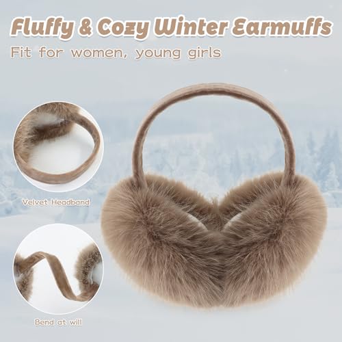 POMIJIAN Winter Women Earmuffs Furry Faux Fur Ear Muffs Fluffy Comfy Ear Warmer Girls Foldable Velvet Plush Ear Covers (A-brown) - Image 3
