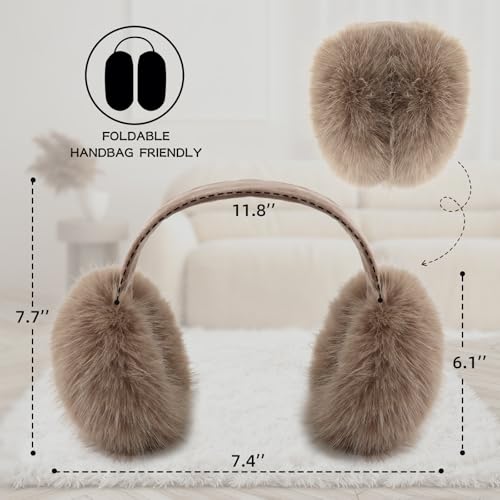 POMIJIAN Winter Women Earmuffs Furry Faux Fur Ear Muffs Fluffy Comfy Ear Warmer Girls Foldable Velvet Plush Ear Covers (A-brown) - Image 5