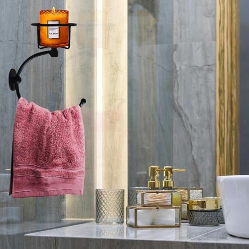 ICCTUO Hand Towel Holder Matt Black Hand Towel Ring for Bathroom Wall Mounted Heavy Duty Towel Hook with Candle Holder for Bathroom Wall Decoration - Image 3
