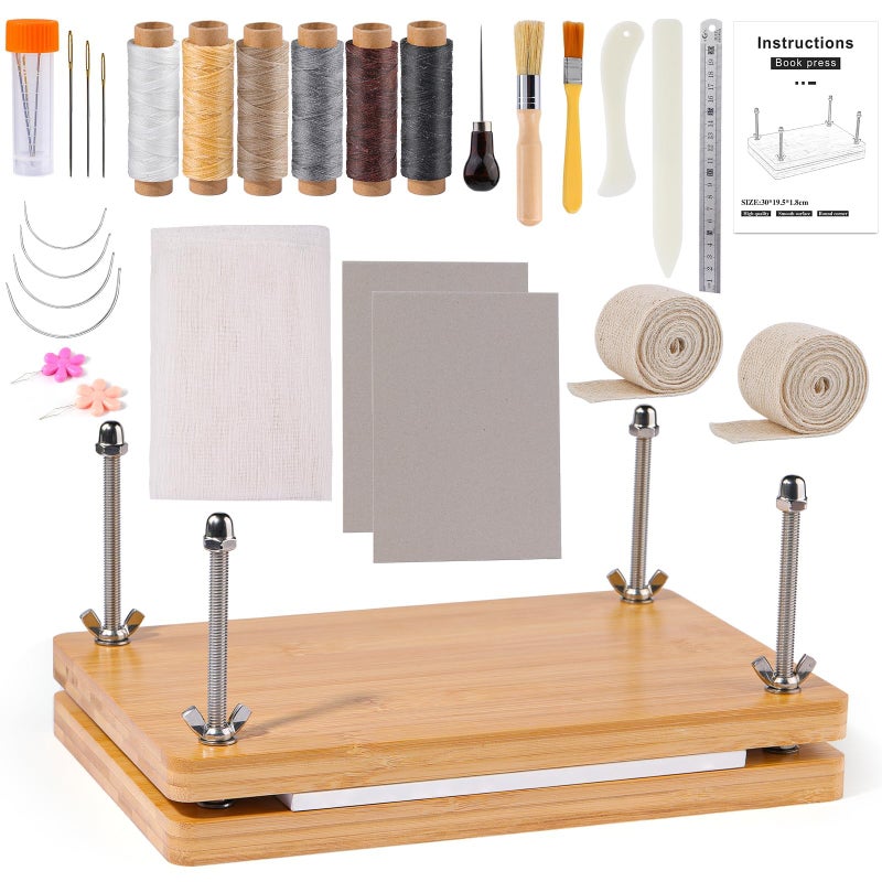 JUPEAN Book Binding Kits Book Press 79x116 Books Making Kit Bookbinding Supplies with Wooden Binding Press Books Cover Board Bone Folder Awl Bind Strap for DIY