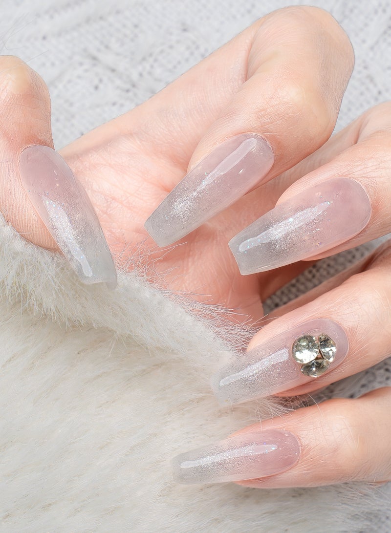 Nailosophy 10 Pcs Handmade Gel Press On Nails Long Coffin Pink Nude Glitter Shimmer Rhinestone Reusable False Nails Nail Kit for Women Wedding Party Special Occasions Gift Eid - Image 1