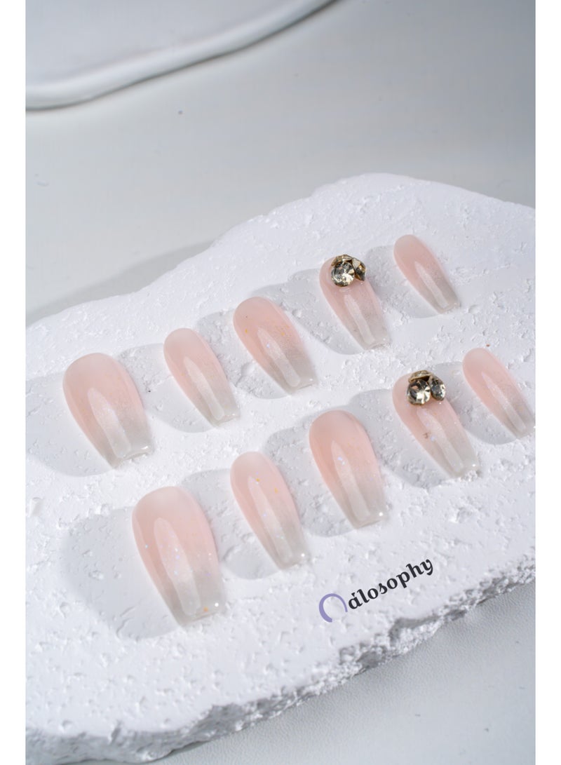 Nailosophy 10 Pcs Handmade Gel Press On Nails Long Coffin Pink Nude Glitter Shimmer Rhinestone Reusable False Nails Nail Kit for Women Wedding Party Special Occasions Gift Eid - Image 3