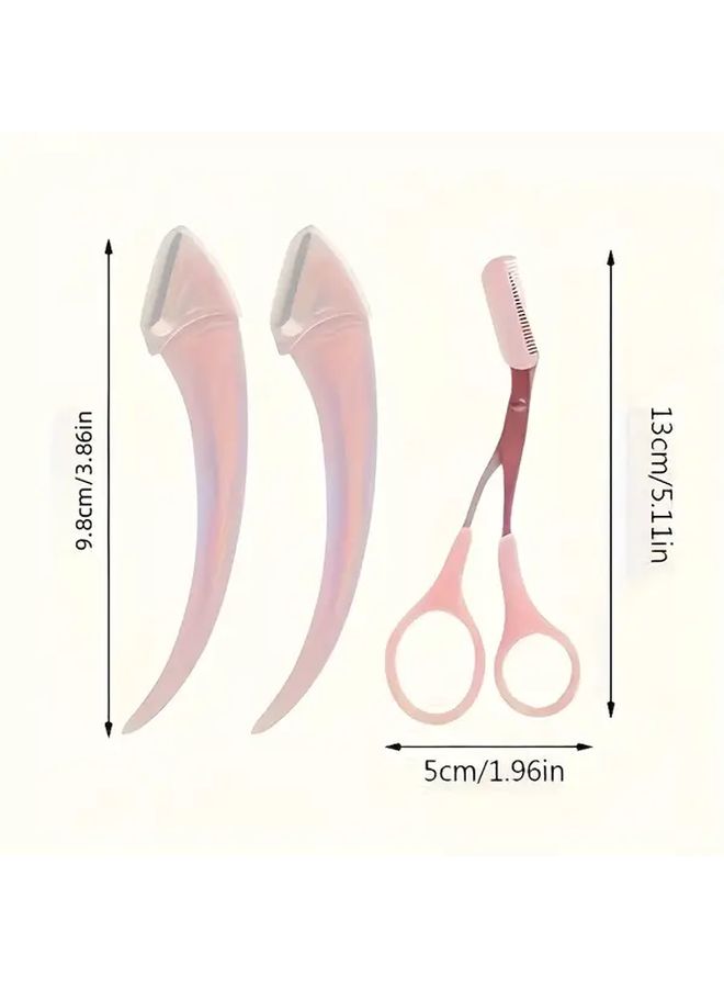 Pink Curved Eyebrow Trimmer Scissors 3pcs Set Stainless Steel Ergonomic Design for Easy Brow Grooming Travel Beginners Portable Ambidextrous - Image 3