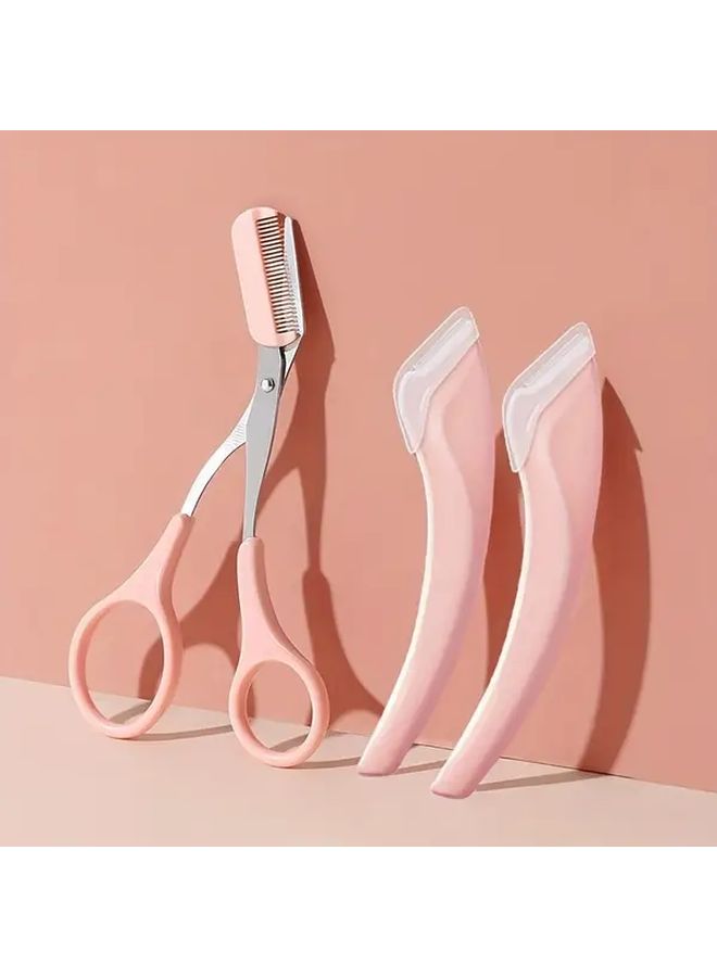 Pink Curved Eyebrow Trimmer Scissors 3pcs Set Stainless Steel Ergonomic Design for Easy Brow Grooming Travel Beginners Portable Ambidextrous - Image 1