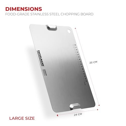 Fackelmann Food Grade Stainless Steel Chopping Board 35cm | Large Size | in-Built Measuring Scale | Brush Finish Both Side | Hanging Slot | Easy Grip | German Brand | 1 Year Warranty - Silver - Image 2