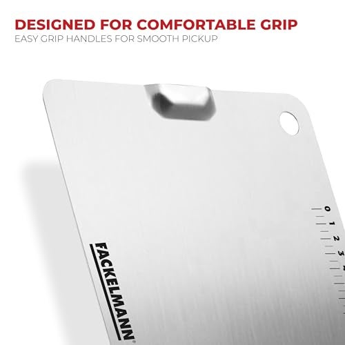 Fackelmann Food Grade Stainless Steel Chopping Board 35cm | Large Size | in-Built Measuring Scale | Brush Finish Both Side | Hanging Slot | Easy Grip | German Brand | 1 Year Warranty - Silver - Image 5