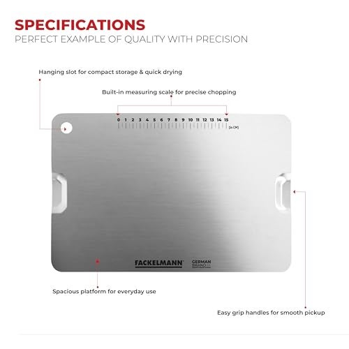 Fackelmann Food Grade Stainless Steel Chopping Board 35cm | Large Size | in-Built Measuring Scale | Brush Finish Both Side | Hanging Slot | Easy Grip | German Brand | 1 Year Warranty - Silver - Image 4
