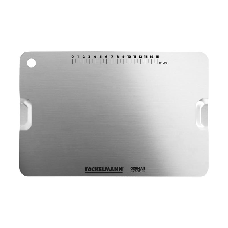 Fackelmann Food Grade Stainless Steel Chopping Board 35cm | Large Size | in-Built Measuring Scale | Brush Finish Both Side | Hanging Slot | Easy Grip | German Brand | 1 Year Warranty - Silver - Image 3