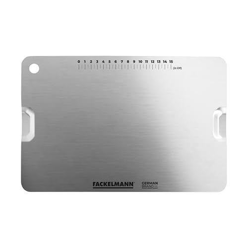 Fackelmann Food Grade Stainless Steel Chopping Board 35cm | Large Size | in-Built Measuring Scale | Brush Finish Both Side | Hanging Slot | Easy Grip | German Brand | 1 Year Warranty - Silver - Image 1