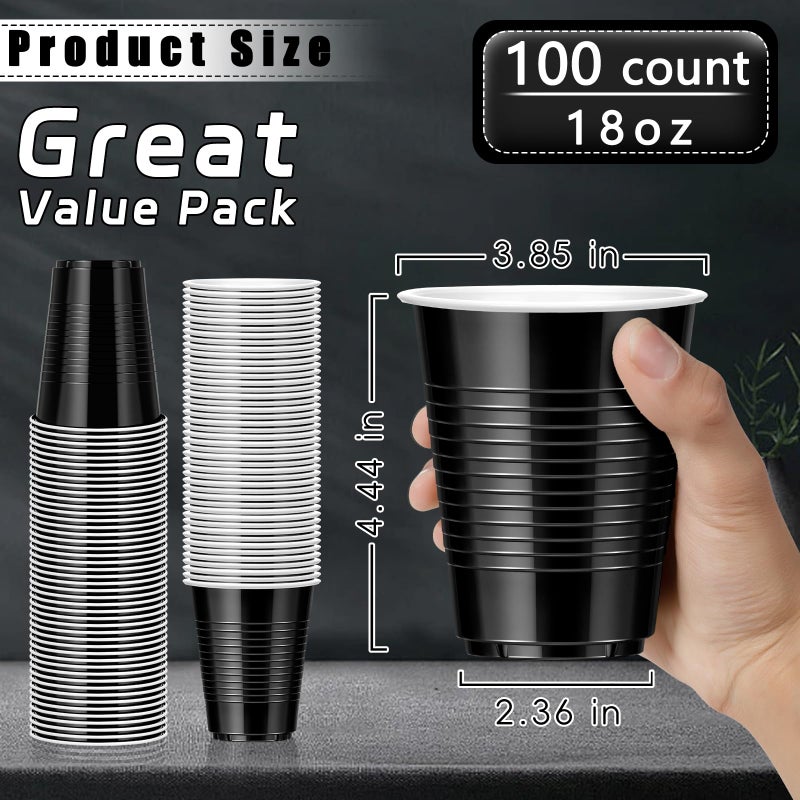 Dualshine 100 Pack Black Plastic Cups 18 oz  Disposable Heavy Duty Drinking Cups for Party  Graduation Shot Cup for Wedding Birthday Beer Taste Serving Snack Sample Tastings Barbecues Picnic - Image 2